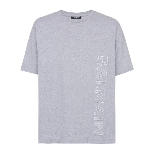 Balmain , Oversized T-shirt in cotton with reflective logo ,Gray male, Sizes: