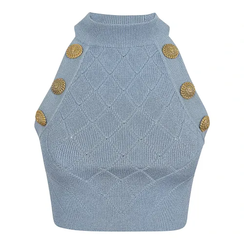 Balmain , Pale Blue Cropped Knit Top ,Blue female, Sizes: