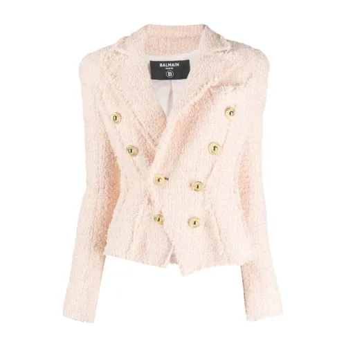 Balmain , Powder Pink Tweed Jacket with Gold-Tone Buttons ,Pink female, Sizes: