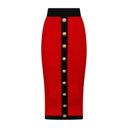Balmain , Red and Black Buttoned Knit Midi Skirt ,Red female, Sizes: