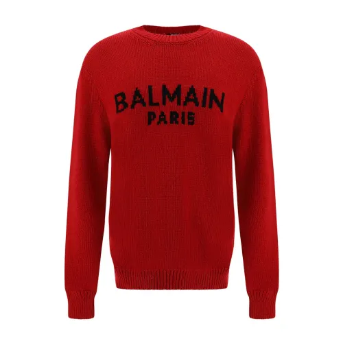 Balmain , Red Wool Sweater with Logo Detail ,Red male, Sizes: