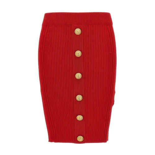 Balmain , Ribbed Knee-Length Skirt ,Red female, Sizes: