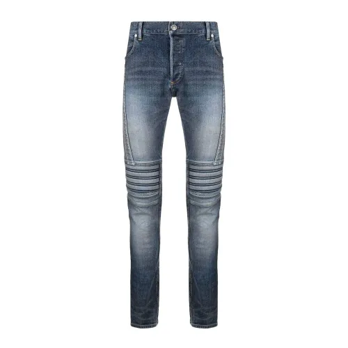 Balmain , Ribbed Slim-Fit Denim Jeans ,Blue male, Sizes: