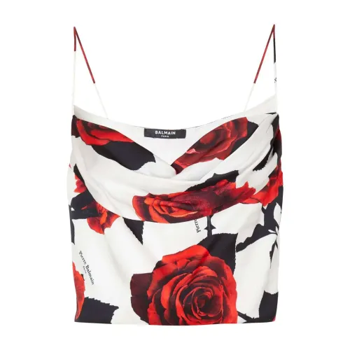 Balmain , Roses-print draped satin top ,Multicolor female, Sizes: