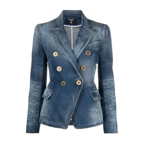 Balmain , Sculptural Denim Jacket with Lion-Embossed Buttons ,Blue female, Sizes: