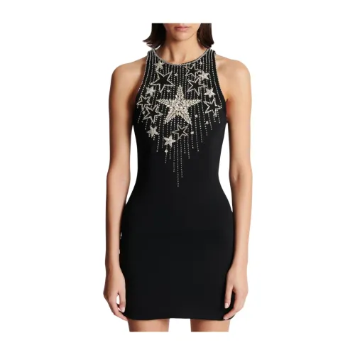 Balmain , Short Dress with Embroidered Stars ,Black female, Sizes: