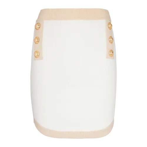 Balmain , Short knit skirt with gold trim ,White female, Sizes: