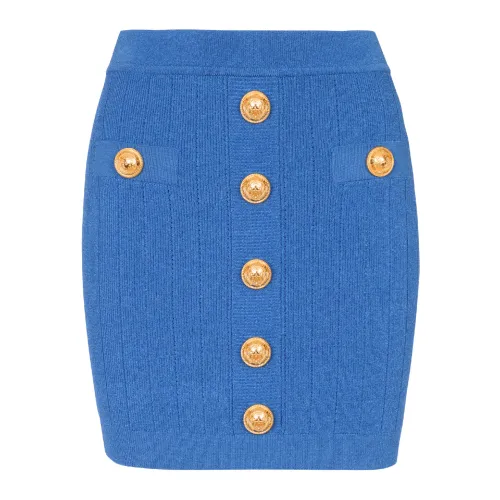 Balmain , Short knitted buttoned skirt ,Blue female, Sizes: