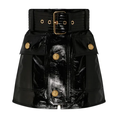 Balmain , Short patent leather skirt ,Black female, Sizes: