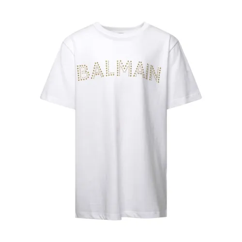 Balmain , Short Sleeve T-Shirt with Logo Studs ,White male, Sizes:
