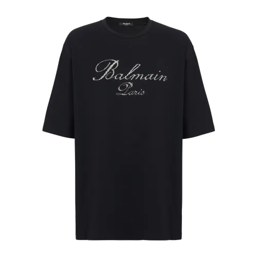 Balmain , Signature embroidered T-shirt ,Black male, Sizes: