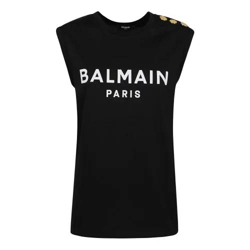 Balmain , Sleeveless Black Cotton T-shirt Aw22 ,Black female, Sizes: