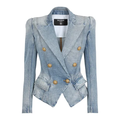 Balmain , Slim-fit faded denim tailored jacket ,Blue female, Sizes: