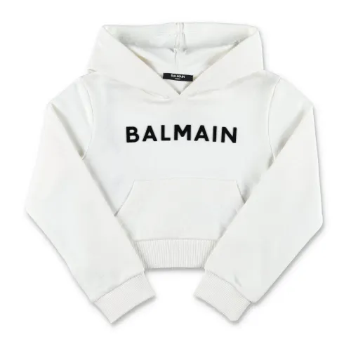 Balmain , Stylish Cropped Logo Hoodie ,White female, Sizes: