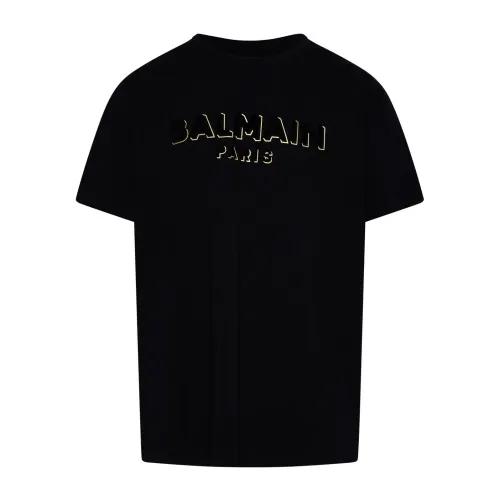 Balmain , Textured Logo T-Shirt for Men ,Black male, Sizes: