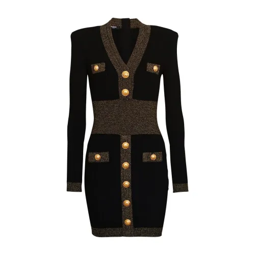 Balmain , V-neck golden edge knit dress ,Black female, Sizes: