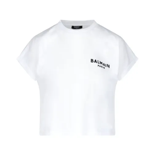 Balmain , Velvet Logo Cropped T-Shirt ,White female, Sizes: