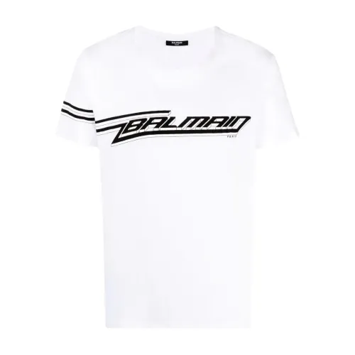 Balmain , White 3D Flocked Logo Tee ,White male, Sizes:
