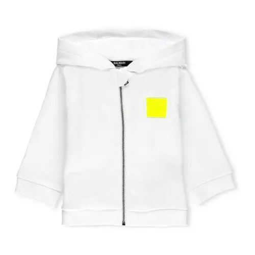 Balmain , White Cotton Hoodie with Logo Patch ,White male, Sizes: