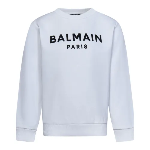 Balmain , White Cotton Sweatshirt for Boys with Logo Print ,White male, Sizes: