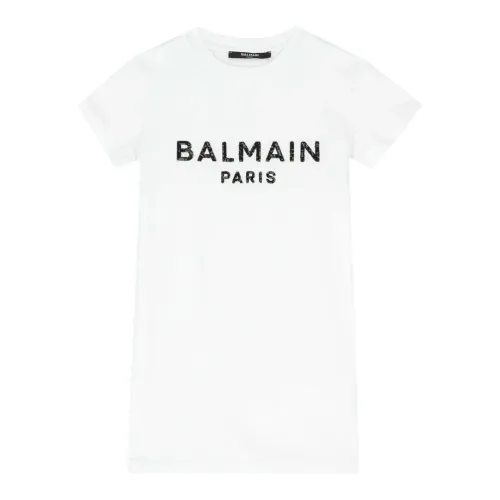 Balmain , White Crewneck Dress with Sequin Logo ,White female, Sizes: