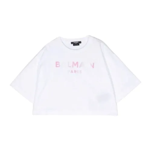 Balmain , White Cropped T-shirt with Pink Logo ,White female, Sizes: