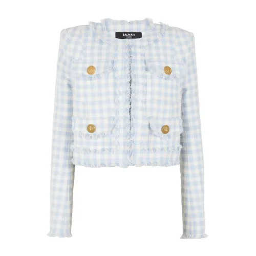 Balmain , White Gingham Tweed Jacket ,Multicolor female, Sizes: