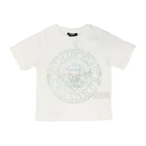 Balmain , White Kids T-shirt with Logo Print ,White female, Sizes: