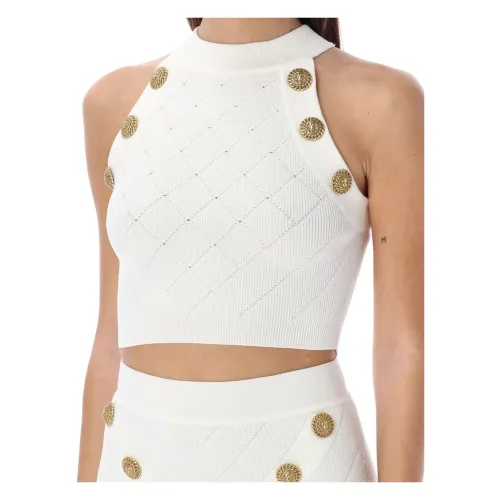 Balmain , White Knit Sleeveless Top with Cutaway Shoulders ,White female, Sizes: