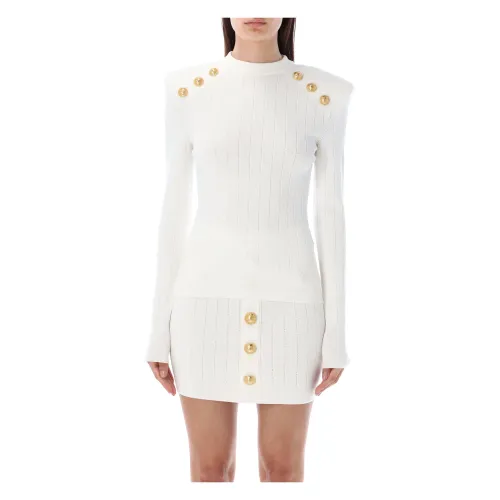Balmain , White Knit Sweater with Gold-Tone Buttons ,White female, Sizes: