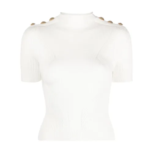 Balmain , White Knitted Top with Gold Embossed Buttons ,White female, Sizes: