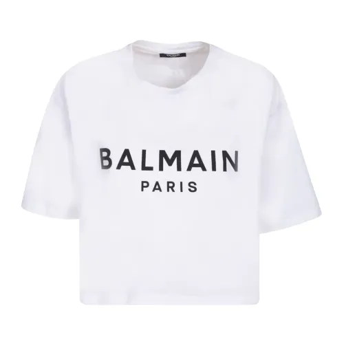 Balmain , White Logo Crop T-Shirt ,White female, Sizes: