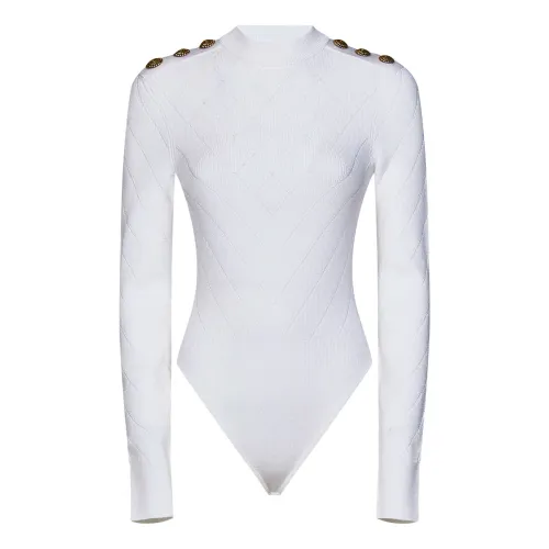Balmain , White Ribbed Knit Top with Lion Buttons ,White female, Sizes:
