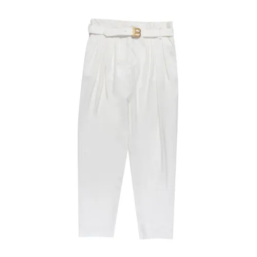 Balmain , White Wool Wide-Leg Pants with Belt ,White female, Sizes: