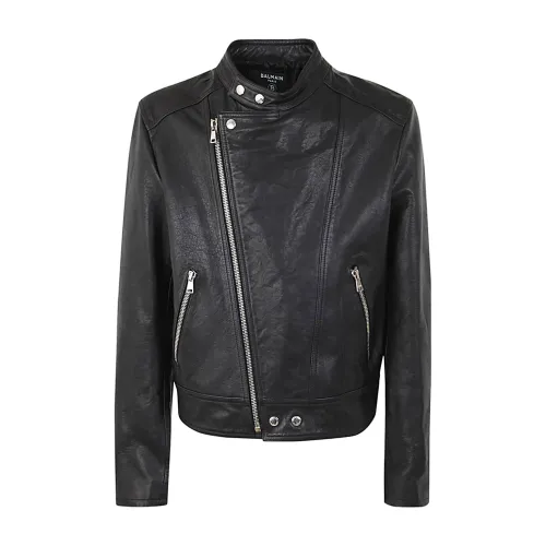 Balmain , Zipped Calfskin Biker Jacket ,Black male, Sizes: