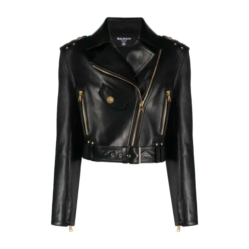 Balmain , zipped-up leather biker jacket ,Black female, Sizes: