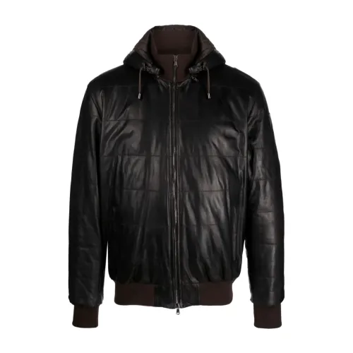 Barba , Detachable Hood Leather Jacket ,Black male, Sizes: