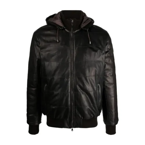 Barba , Detachable Hood Leather Jacket ,Brown male, Sizes:
