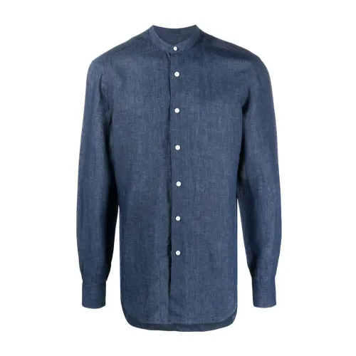 Barba , Linen Mao Collar Shirt ,Blue male, Sizes: