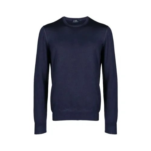 Barba Napoli , Blue Crew Neck Wool Sweater ,Blue male, Sizes: