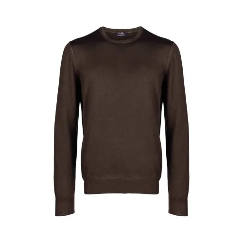 Barba Napoli , Brown Crewneck Wool Sweater ,Brown male, Sizes: