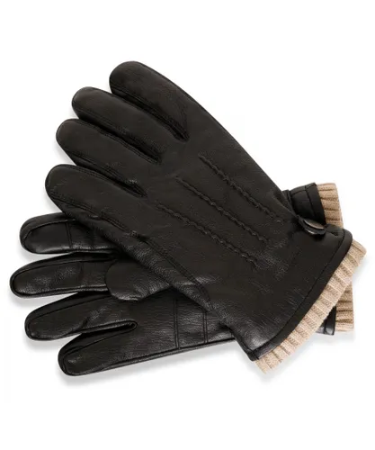 Barneys Originals Mens Black Goat Leather Glove with Cream Knit Cuff