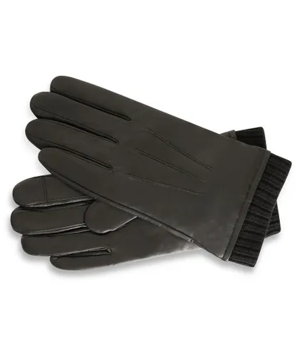 Barneys Originals Mens Black Leather Gloves with Knitted Cuff
