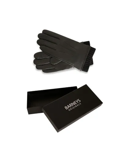 Barneys Originals Mens Gift Boxed Black Leather Gloves with Knitted Cuff