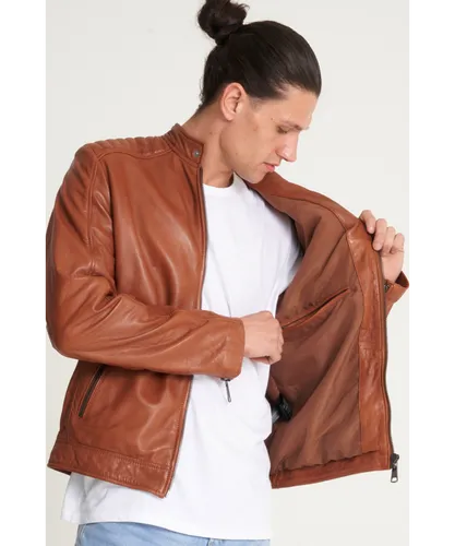 Barneys Originals Mens Veg Tanned Leather Racer Jacket - Tan