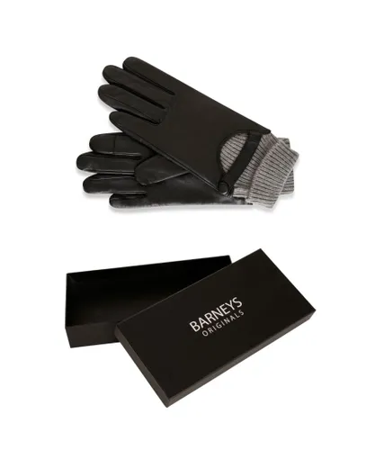 Barneys Originals Womens Gift Boxed Real Leather Gloves with Grey Knit Cuff - Black