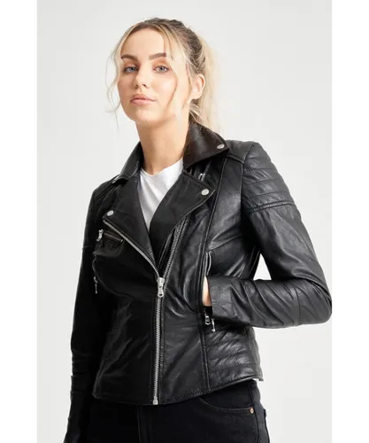 Barneys Originals Womens Petite Textured Leather Biker - Black
