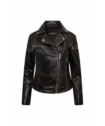 Barneys Originals Womens Petite Washed Leather Biker Jacket - Black