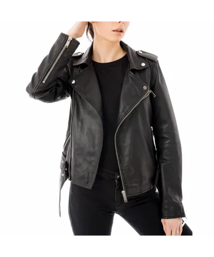Barneys Originals Womens Plus Belted Leather Biker 'Emma' - Black