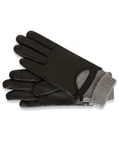 Barneys Originals Womens Real Leather Gloves with Grey Knit Cuff - Black
